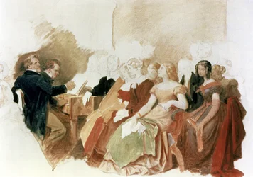 Étude pour Une soirée chez le baron von Spaun : Schubert au piano parmi ses amis, y compris le baryton d